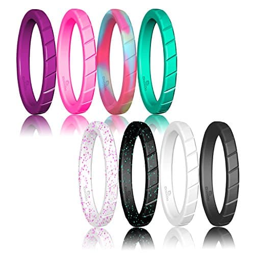 Thin Silicone Wedding Ring Stackable ring For Women By DoerDo, Affordable Rubber Wedding Bands For Active Style - 6 &amp; 8 Rings Pack