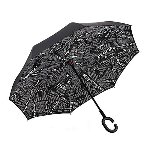 Inverted Umbrella, Large C Shape Handle Windproof UV Protection Reverse Umbrella Mingshop (Black Newspaper)