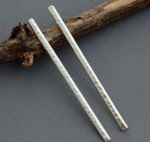 Very thin 3mm sterling silver dangle bar stud post modern geometric earrings 2 inches long (Hammered silver)