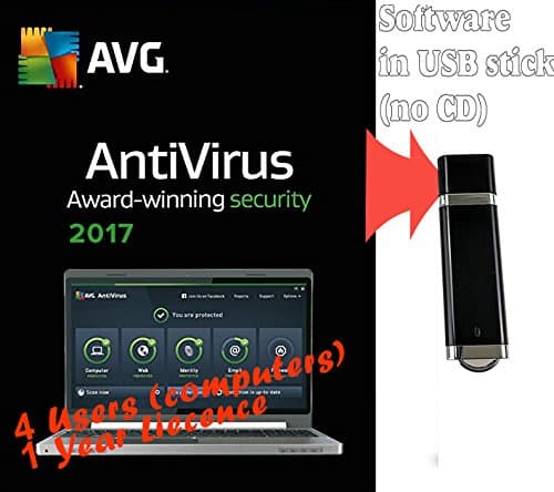 Bundle AVG Antivirus 2018 for 4 Users / Computers 1 Years Licence (PC Security Anti-virus Software, supplied in 2GB USB Stick, Windows 10, 8, 7 Compatible)