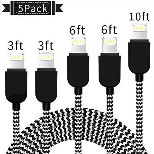 YEFOOT [5 Pack] iPhone Charger Extra Long Lightning Cable USB Charger Cord Nylon Braided Compatible with iPhone X/8/8 Plus/7/7 Plus/6/6 Plus/6S/6S Plus/5/5S/SE,iPad,iPod (Black and white)