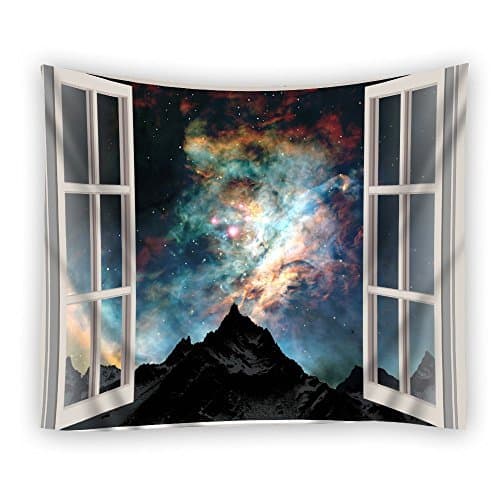 Custom Open Window Space Mountains Clouds Nature Snow Outer Night Stars One Side Home Decor Tapestry, Polyester Fabric Tapestries Wall Art Hanging 51 x 60 Inches