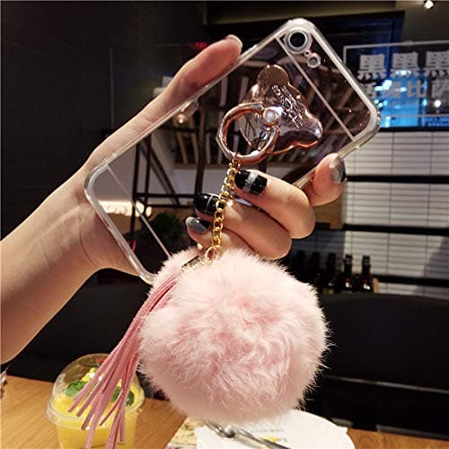 DECVO Case Compatible iPhone 7 Plus iPhone 8 Plus, Cute Metallic Bear Shiny Mirror Makeup Case Girls Ring Kickstand Holder Fur Ball Soft Rubber Bumper (Gold+Pink)