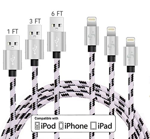 SyncTech Nylon Braided Durable 1FT 3FT 6FT Lightning Cable to USB High Speed Data Sync Charger for iPhone 7/6s/6/5/5s/SE/Plus iPad Mini/Air/Pro (D.) White - 1FT - 3FT - 6FT)