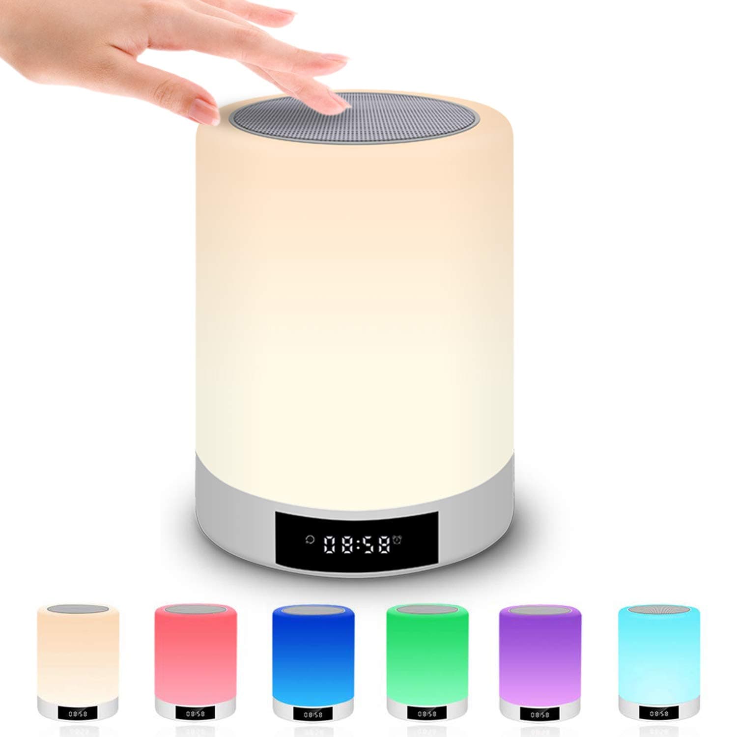 Night Light Bluetooth Speaker with Alarm Clock - Touch Sensor Wireless Speaker, Bedside Lamp, Dimmable Warm White Light & 7 Color 3 brightnesses Changing