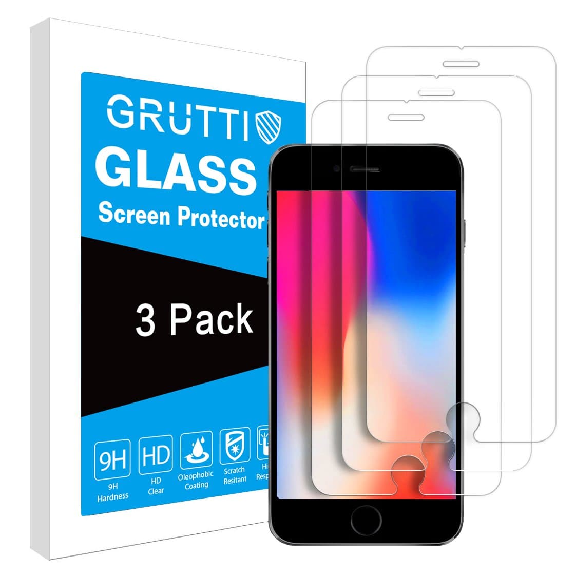 [3 Pack]-Grutti Screen Protector for Apple iPhone 8 and iPhone 7, 4.7 Inch, 9H Hardness HD Clear Tempered Glass Screen Protection Film for iPhone 8, iPhone 7
