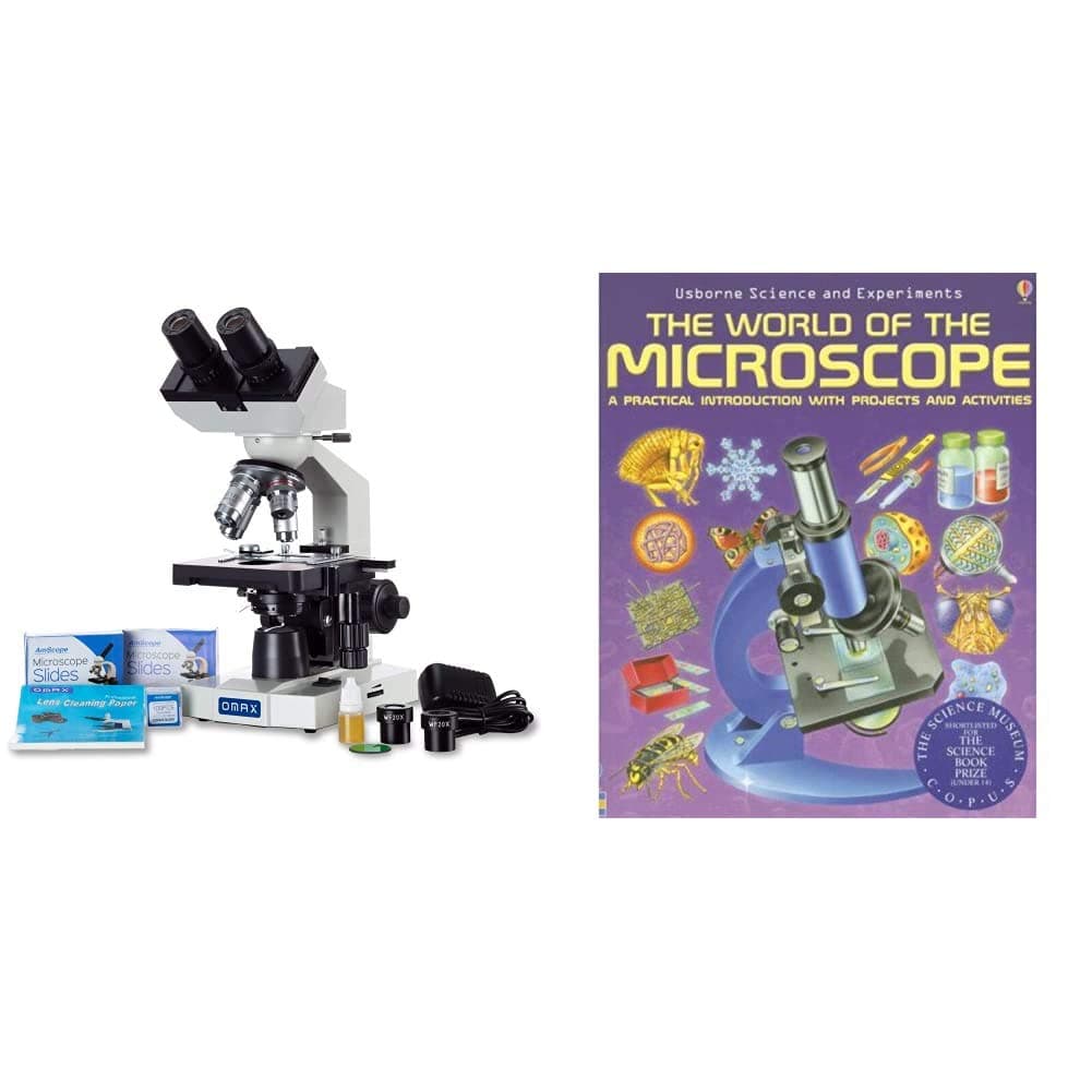 OMAX 40X-2000X LED Binocular Compound Lab Microscope w/Double Layer Mechanical Stage + Blank Slides & AmScope The World of The Microscope A Practical Introduction with Projects and Activities