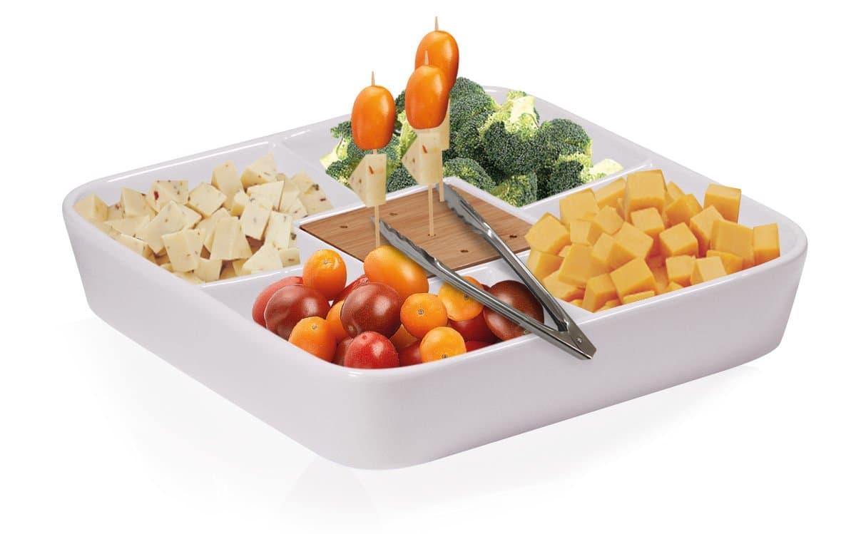 Durable White Ceramic Serving Platter with Serving Tong, Divided Serving Tray for Appetizers, Salad Bar with Bamboo Toothpick Holder