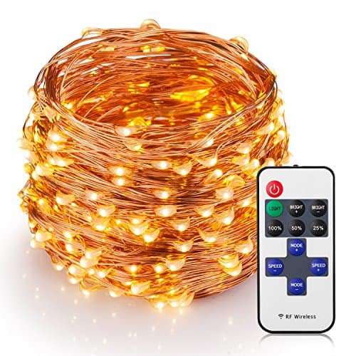 Apsung Outdoor 99ft LED String Lights with Wireless Remote Control, Waterproof 300 LED Dimmable Fairy Lights, Copper Wire Starry Lights for Christmas Tree, Bedroom, Garden, Decoration - Warm White