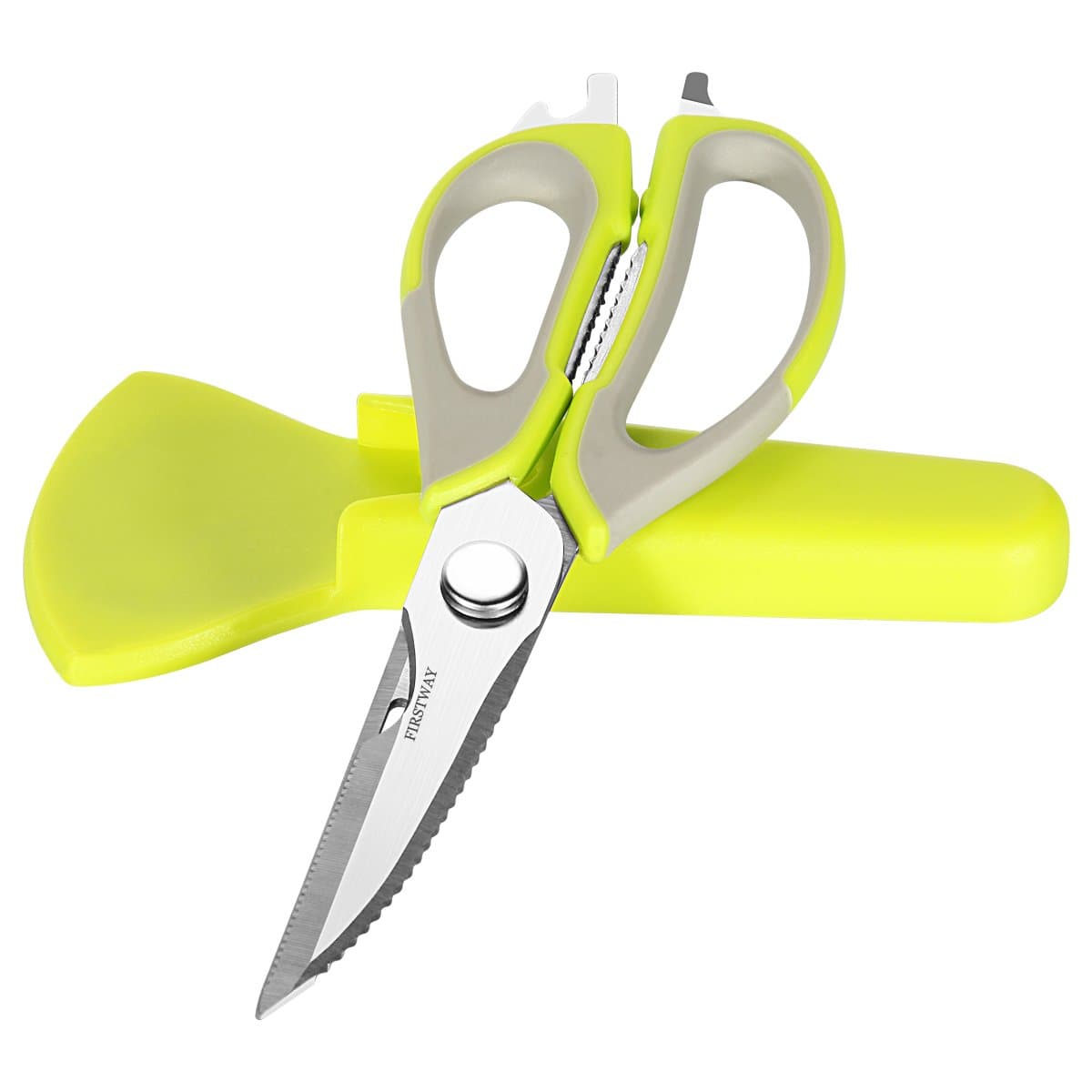 FIRSTWAY Multifunction Kitchen Shears Stainless Scissors Tool for Chicken,Poultry,Fish,Meat,Vegetables,BBQ,Walnut and Bottle Opener with Magnetic Holder Hung on Microwave or Fridge