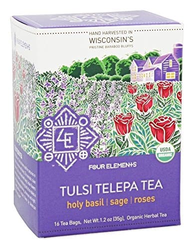 Four Elements 4E Tulsi Telepa Tea, Blend with Holy Basil, Sage and Roses, 100% Organic Herbal Tea, 16 Teabags, 1.2 OZ