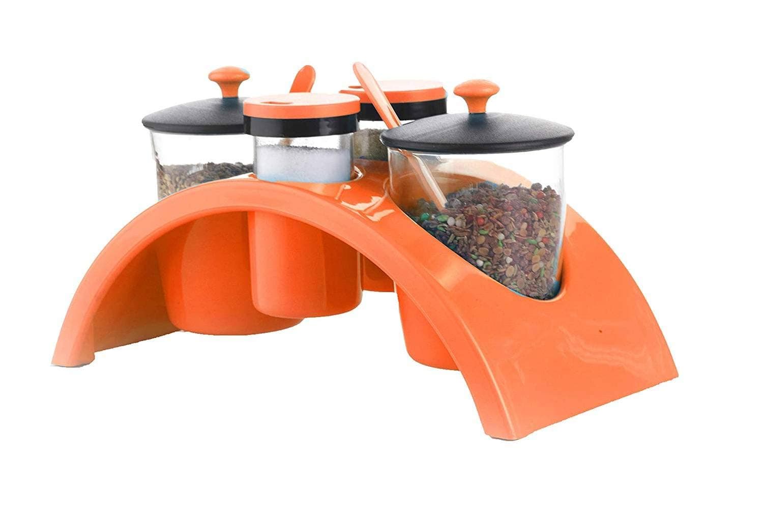 Roxa Plastic Multi Purpose 2 by 2 Aachar Pickle Container & Spice Jar Set/Masala Tray/Dining Spice Stand/Jar Box Transparent (Set of 2 Pickle + 2 Spice Jar with Lid, 2 Spoon, 1 Tray) (Orange)