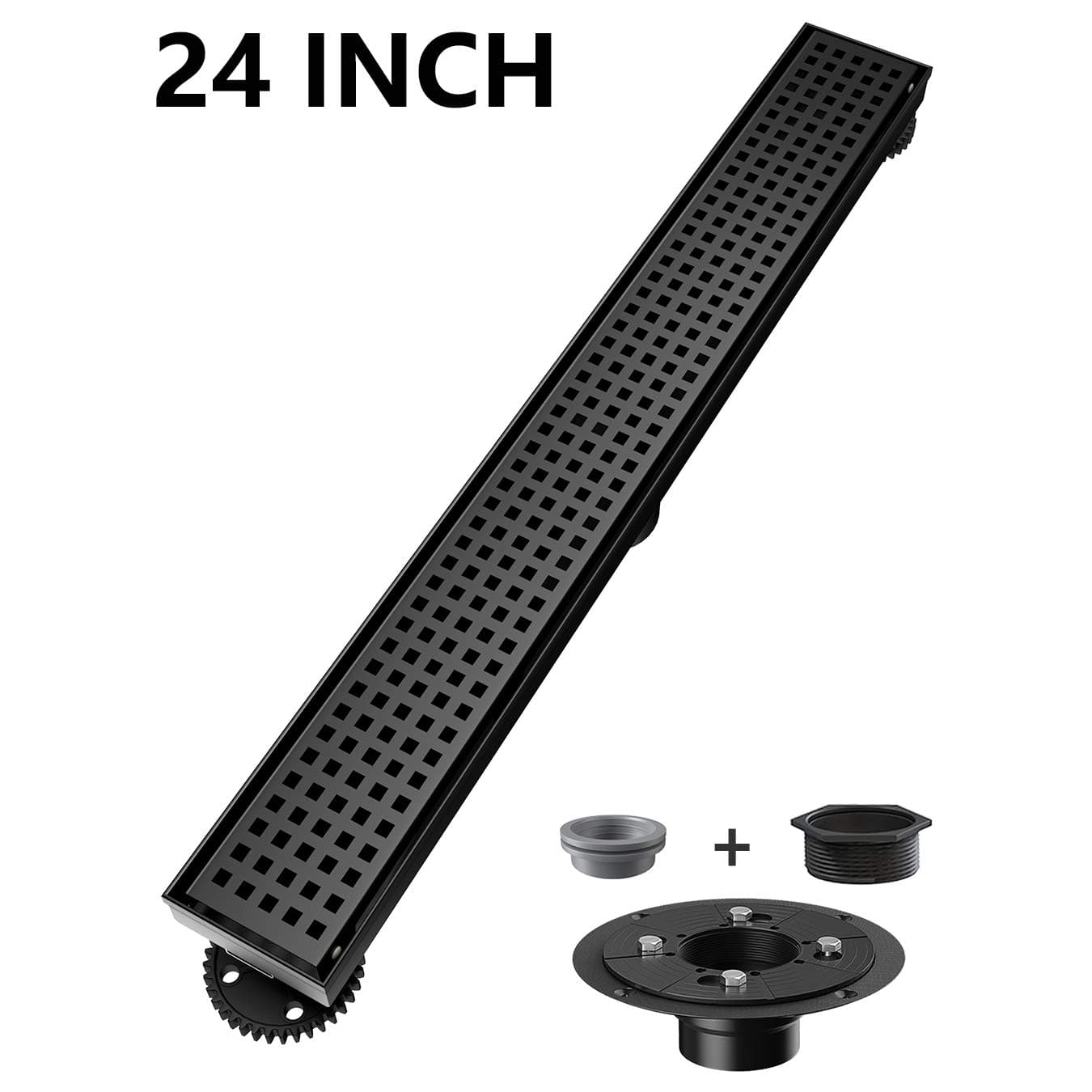 USHOWER Linear Shower Drain 24 Inch, Square Pattern Grate Matte Black Stainless Steel Linear Drain with Drain flange kit