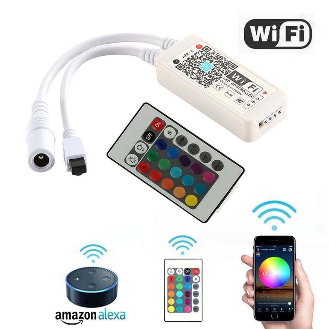 WiFi Wireless RGB LED Smart Controller Working with Android iOS System Mobile Phone Free App for 5050 3528 LED Light Strip Comes with a 24 Keys Remote Control, Fits for Alexa,Google Home,IFTTT
