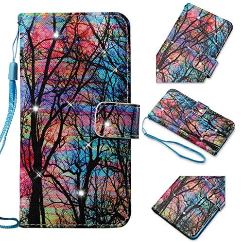 iPhone 8 Plus Case, iPhone 7 Plus Case, Easytop Luxury Bling Design PU Leather Case Wallet Flip Cover Case with Hand/Wrist Strap Built-in Card Slots & Stand Magnet Closure (Colorful Tree)
