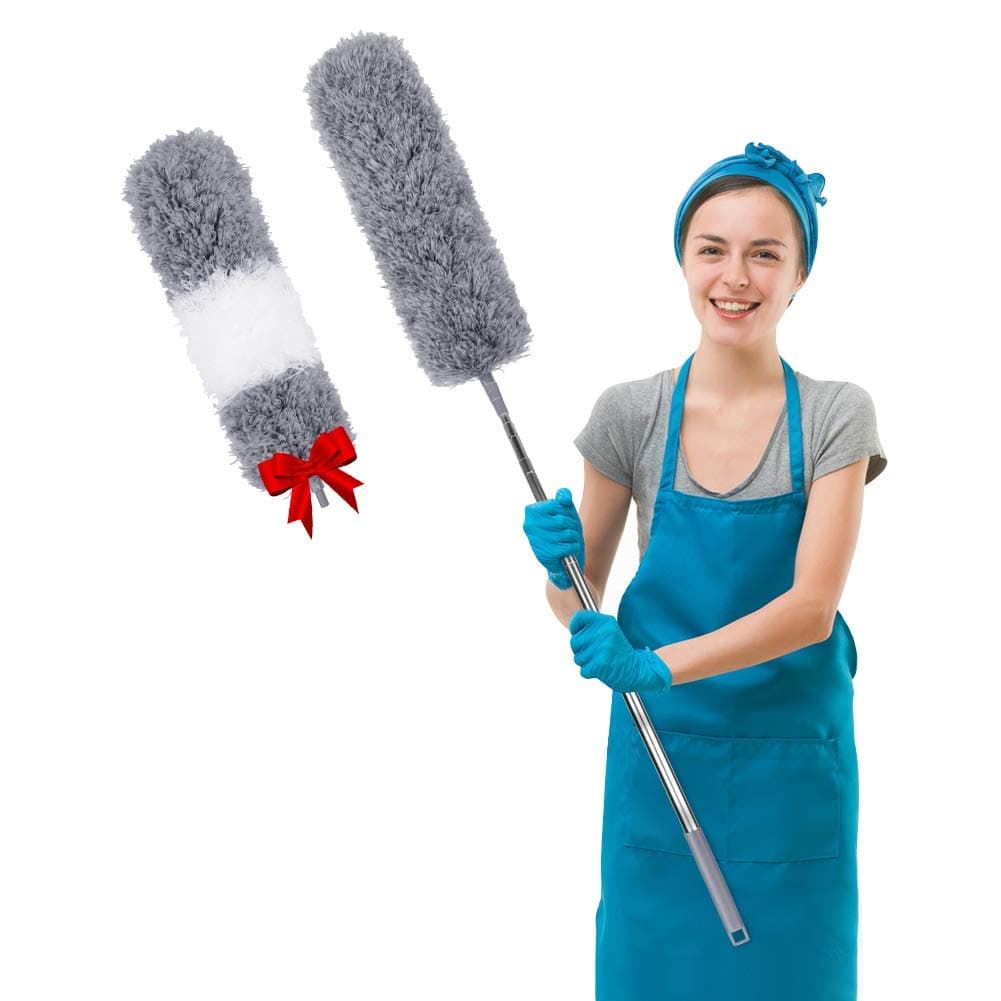 Microfiber Feather Duster Extendable Cobweb Duster with 100 inches Extra Long Pole, Bendable Head & Scratch-Resistant Hat for Cleaning Ceiling Fan, High Ceiling, Blinds, Furniture & Cars Grey