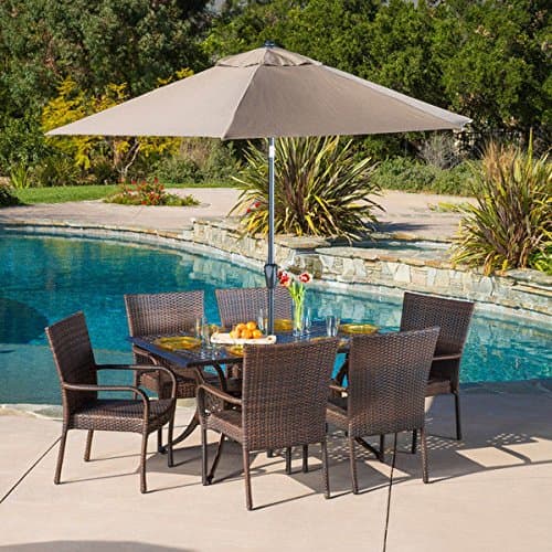 Brown Modern 7pc Rectangular Cast &amp; Wicker Patio Dining Set | Contemporary Furniture to any Outdoor by the Garden, Veranda, Gazebo, Porch, Deck / Pool