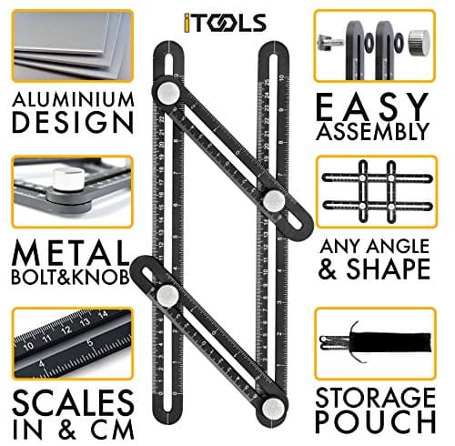 iTools Multi Angle Template Tool - Premium Aluminum Alloy Angle-izer Measuring Ruler Layout Multi-angle Tool with Metal Knobs and Bolts - Perfect for Tiling, Flooring, Brick Laying, Deck Building