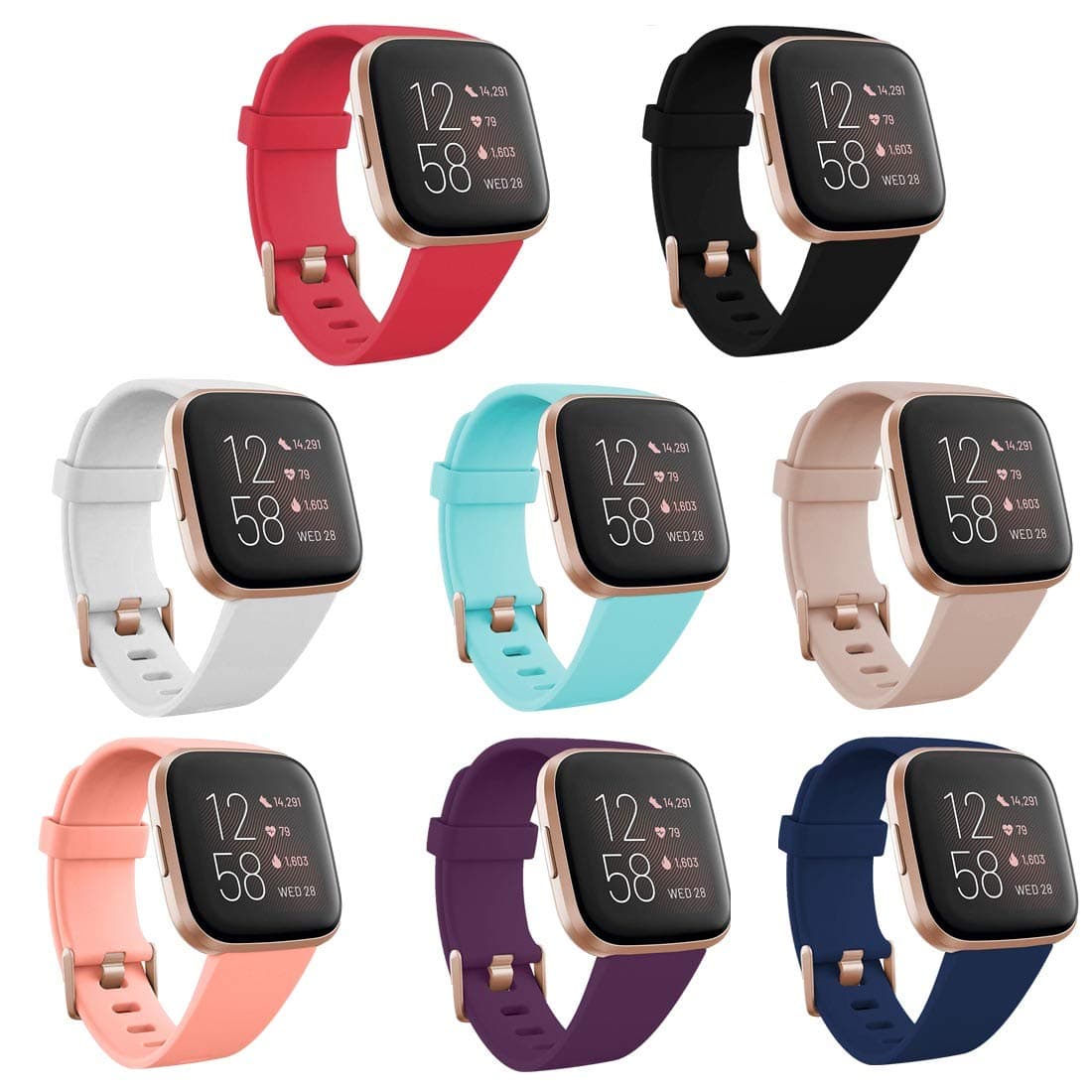 TECKMICO 8PCS Bands Compatible with Versa 2 Bands,Classic Soft Sport Replacement Wristband Compatible with Versa/Versa 2/Versa Lite for Women Men,Rose Gold Watch Buckle