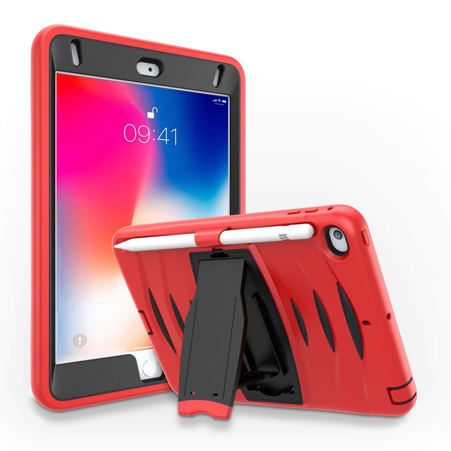 Herize iPad Mini 5 Case 2019/iPad Mini 4 Case 2015, Full-Body Shockproof Protection Silicone High Impact Protective Case with Stand for iPad Mini 5th Generation 7.9 Inch/iPad Mini 4th Generation Red