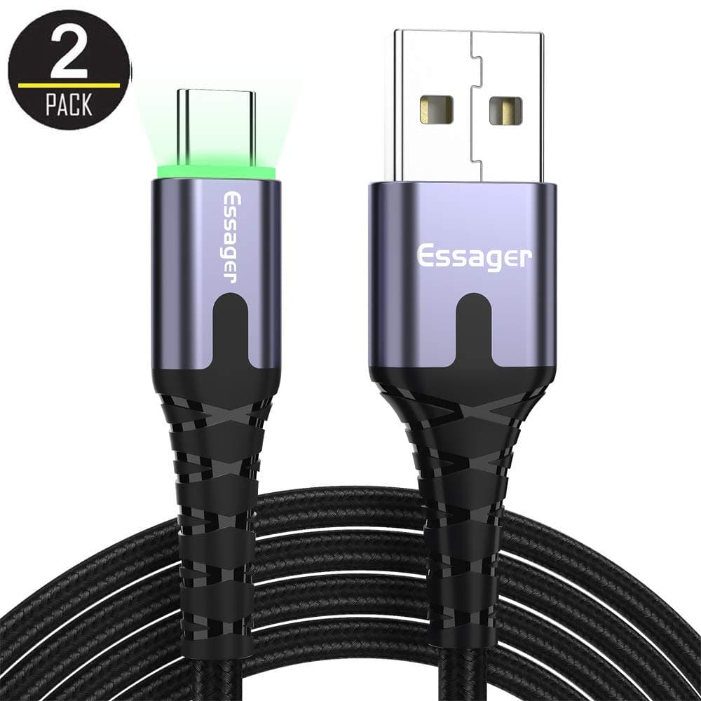 USB Type C Cable with LED Light, RIOTECH (2-Pack 3.3FT) USB A 2.0 to USB-C Fast Charger Nylon Braided USB C Cable Compatible with Many Phone Models(Black-2 pcak, 1M)