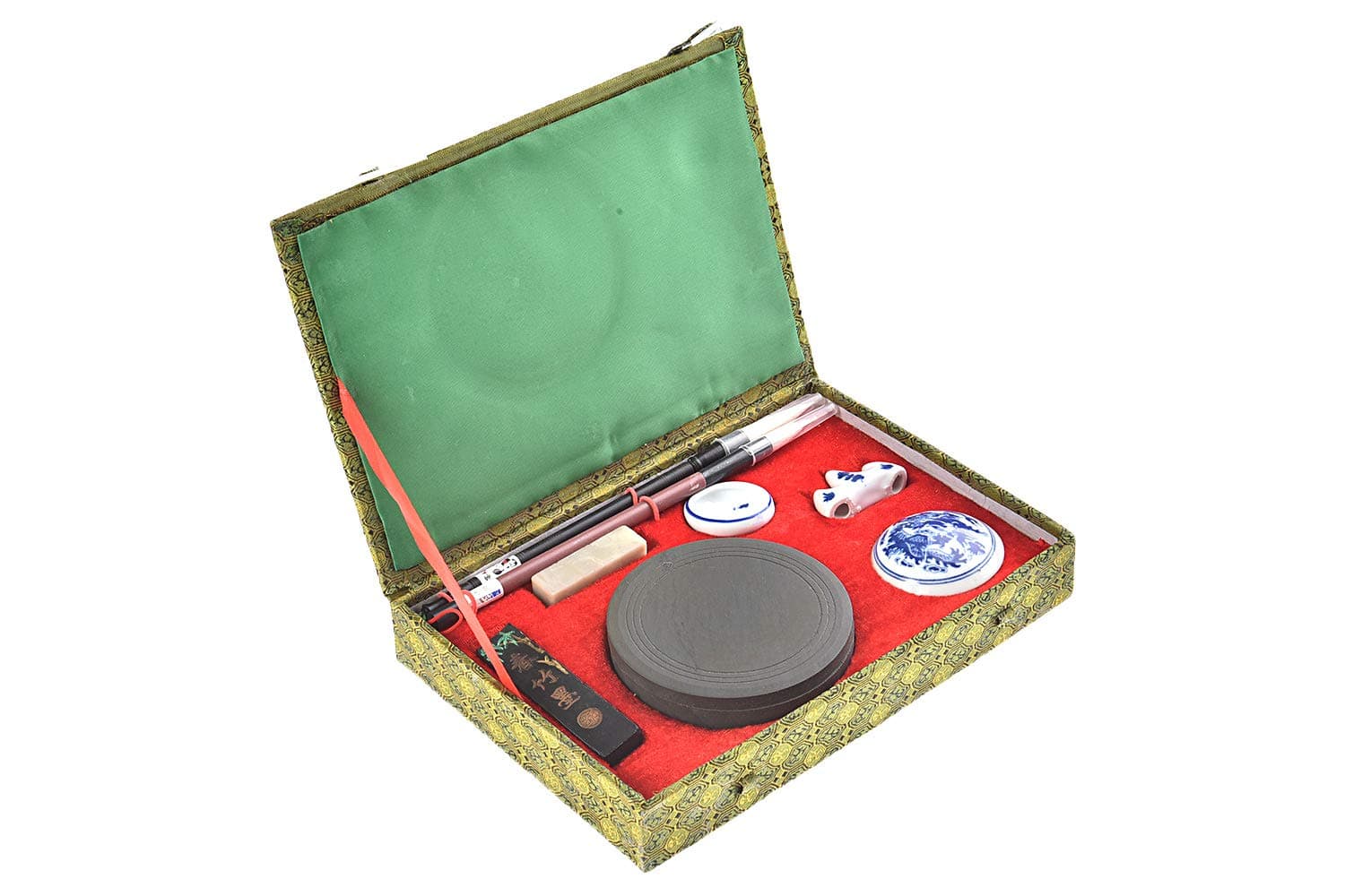 Quantum Abacus Calligraphy Set in Elegant Gift Box, Includes 2 Brushes, Ink Stick, Inkstone, Water Container, Stone Seal, Seal Ink Container, Brush Rest, Mod. CZS-02