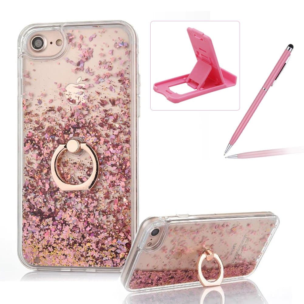 Hard Case for iPhone 7 Plus,Plastic Glitter Case for iPhone 8 Plus,Herzzer Luxury 3D Creative Design Rose Gold Liquid Quicksand Sparkly Crystal Clear Protective Skin Back Case with 360 Degree Ring Holder for iPhone 7 Plus/iPhone 8 Plus 5.5 inch + 1 x Free Pink Cellphone Kickstand + 1 x Free Pink Stylus Pen