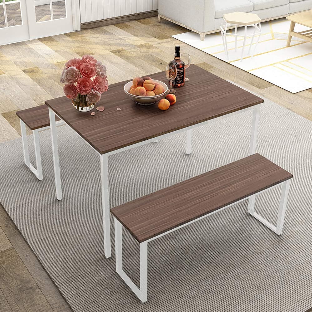 Recaceik 3-Piece Dining Table Kitchen Table Set Modern Studio Dinings Table with Two Benches MDF Board Dining Room Furniture and Metal Frame Cafeteria, Apartment and Farm House