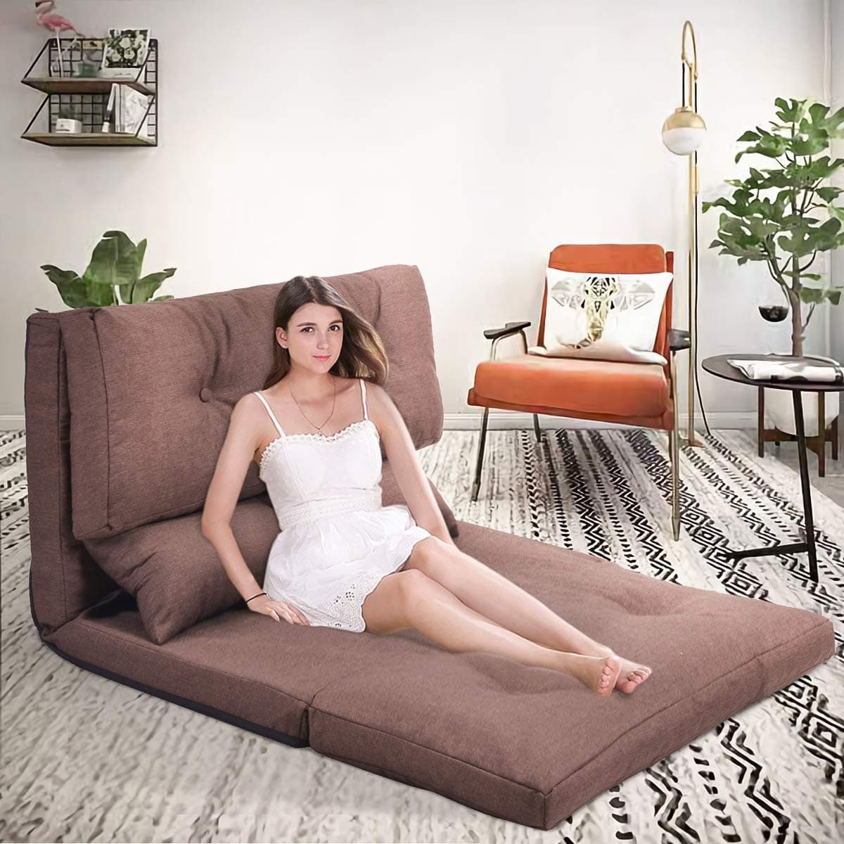 Floor Sofa Bed, Foldable Sleeper Futon Sofa, Adjustable Folding Sofa 5-Position Recliner with 2 Pillows (Brown)