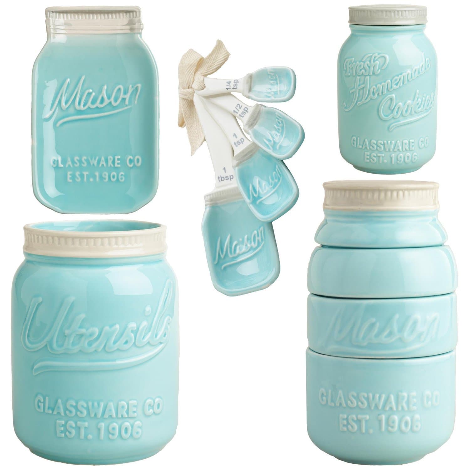 Mason Jar Ceramic Kitchenware Complete Set: Measuring Cups and Spoons, Cookie Jar, Utensil Crock, Spoon Rest by World Market