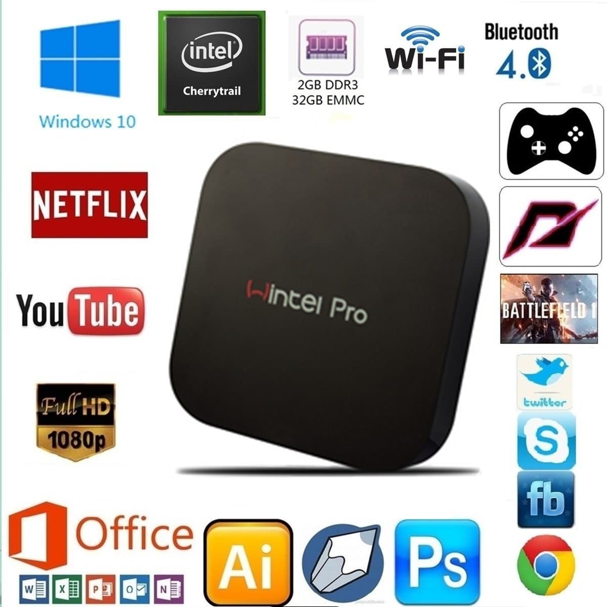 Guleek W8pro Wintel Mini PC Desktop Computer Tv Box Windows 10 Pocket Computer 1080P HD Media Player with Intel Atom Cherry trail Z8300 Processor 2gb DDR3L 32gb eMMC 2.4ghz Wifi Bluetooth 4.0 USB3.0