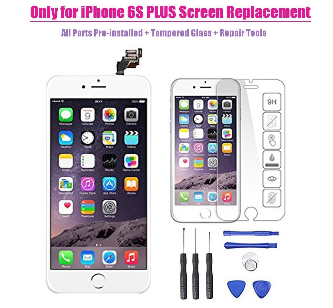 for iPhone 6s Plus LCD Display Screen Touch Digitizer Full Assembly Replacement with 3D Touch Panel, Home Button, Front Camera, Ear Speaker, Repair Tools, Screen Protector(6s Plus-White)