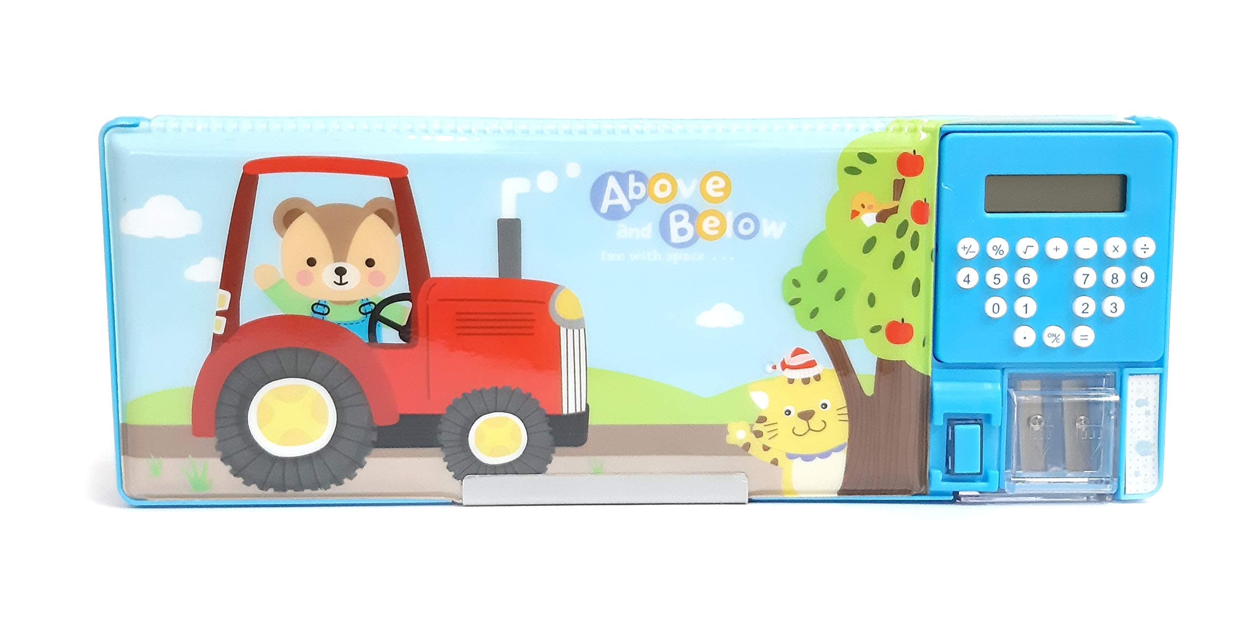 Infinity Marks Qriyant Tractor Cartoon Double Sided Jumbo Multi Purpose Plastic Pencil Box with Calculator and Sharpener for Girls and Boys (Blue)