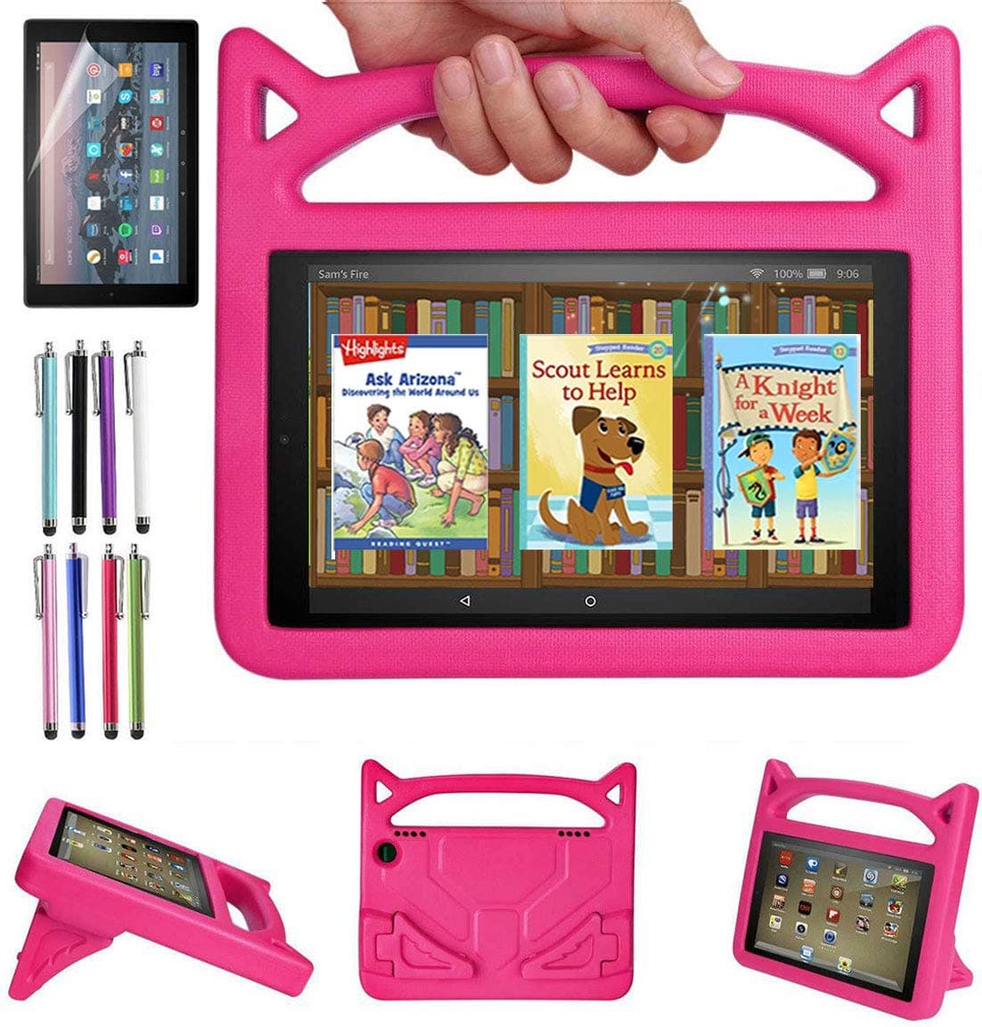 EpicgadgetCase for Amazon Fire HD 8 / Fire HD 8 Plus (10th Generation, 2020 Released) - Lightweight Shockproof Handle with Stand Kids EVA Cover Case + 1 Screen Protector and 1 Stylus (Pink)