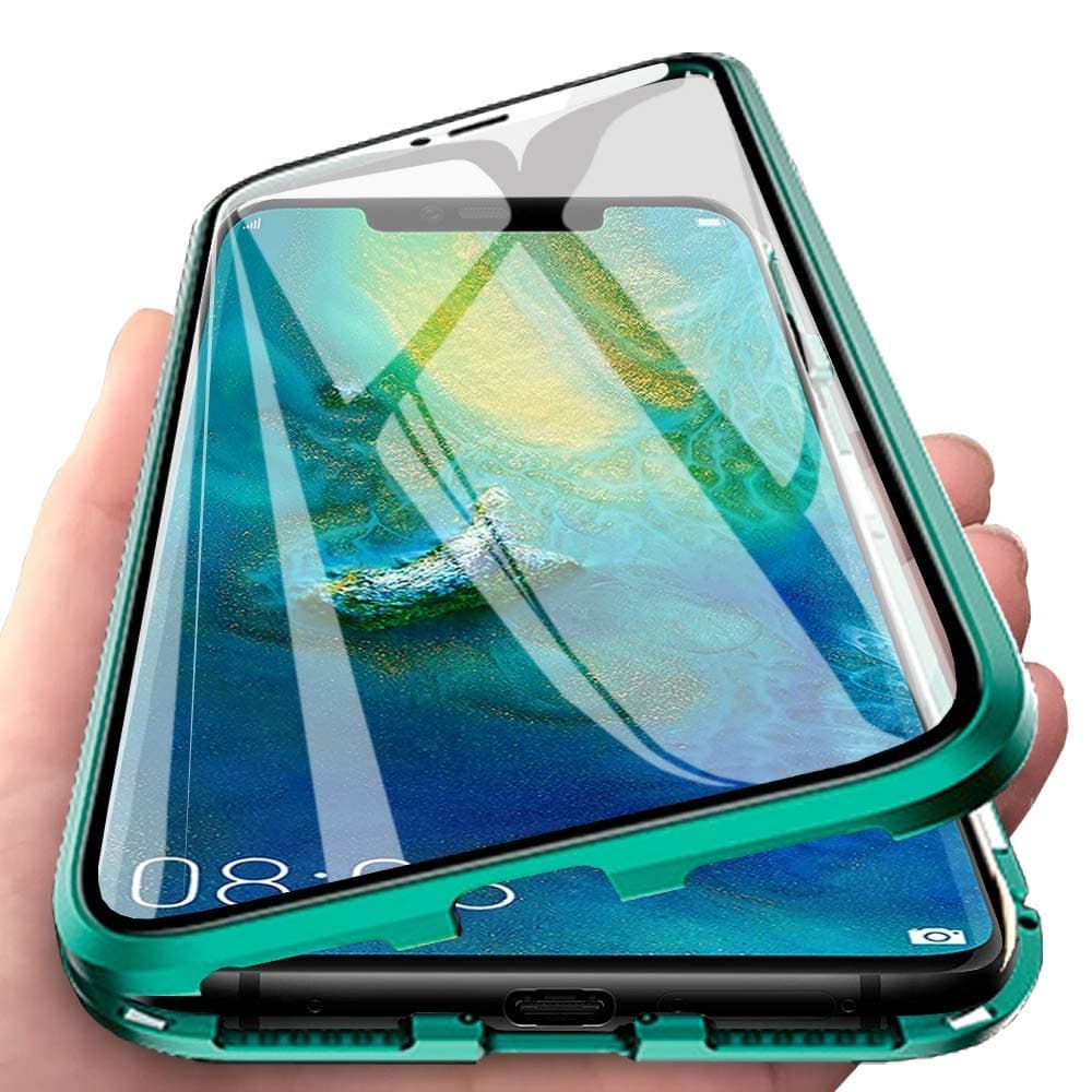CHENYING Compatible for Xiaomi Redmi Note 8 Pro Case Flip Cover Magnetic Adsorption Metal Aluminum Frame Transparent Front and Back Tempered Glass Ultra thin 360 Degree Fully Screen Protective,Green