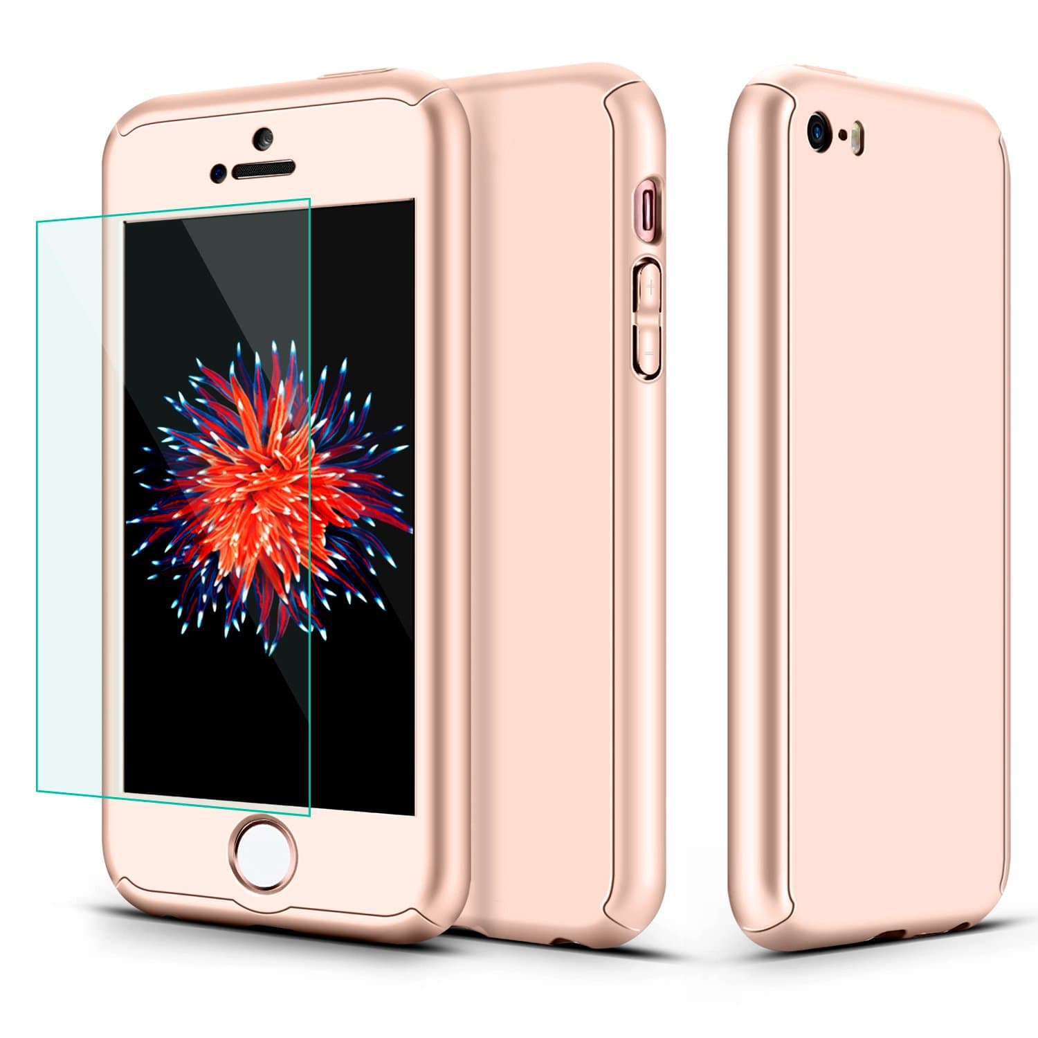 iPhone 5S Case, iPhone 5 Case, iPhone SE Case, SEEKFULL 360 Full Body Protection Ultra-thin Hard Slim Case with [Tempered Glass Screen Protector]case for Apple iPhone 5 5S SE (Rose Gold)