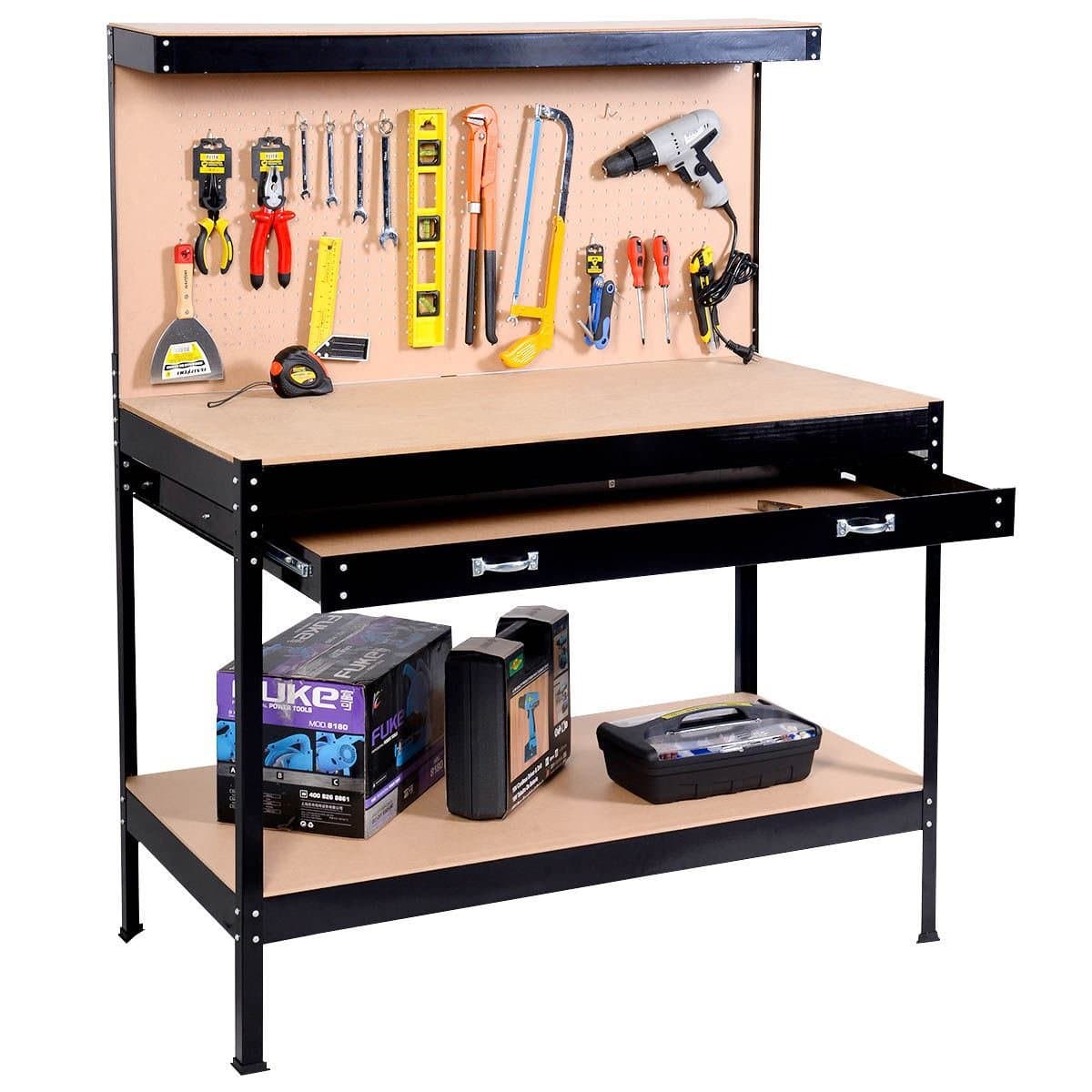 Work Bench Tool Storage Steel Frame Tool Workshop Table W/ Drawer and Peg Boar