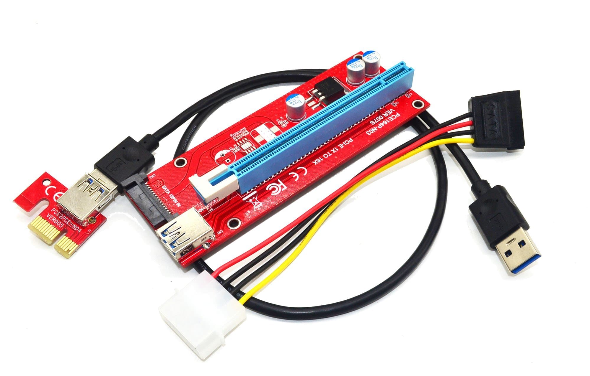 Panto Version 7 SATA Powered PCI-E PCI Express Riser - VER 007S - 1X to 16X PCIE USB 3.0 Adapter Card - With USB Extension Cable - GPU Graphic Card Crypto Currency Mining (1 pack)