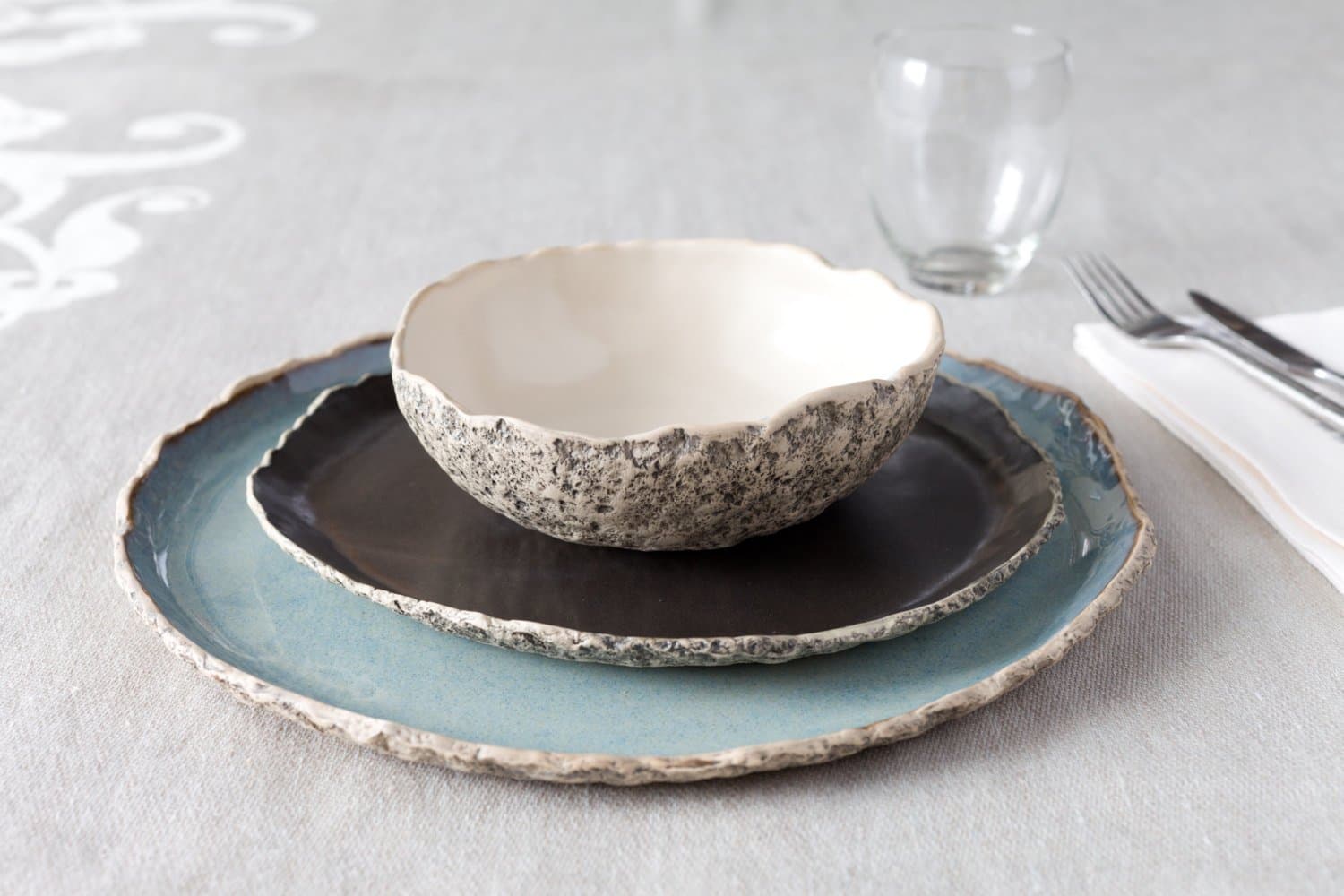 Stunning handmade organic dinnerware setting, Large ceramic dinner set ,Stoneware dinner setting, Blue Dinner plate, Wedding gift, Birthday gift. Natural color glaze variations to choose from.