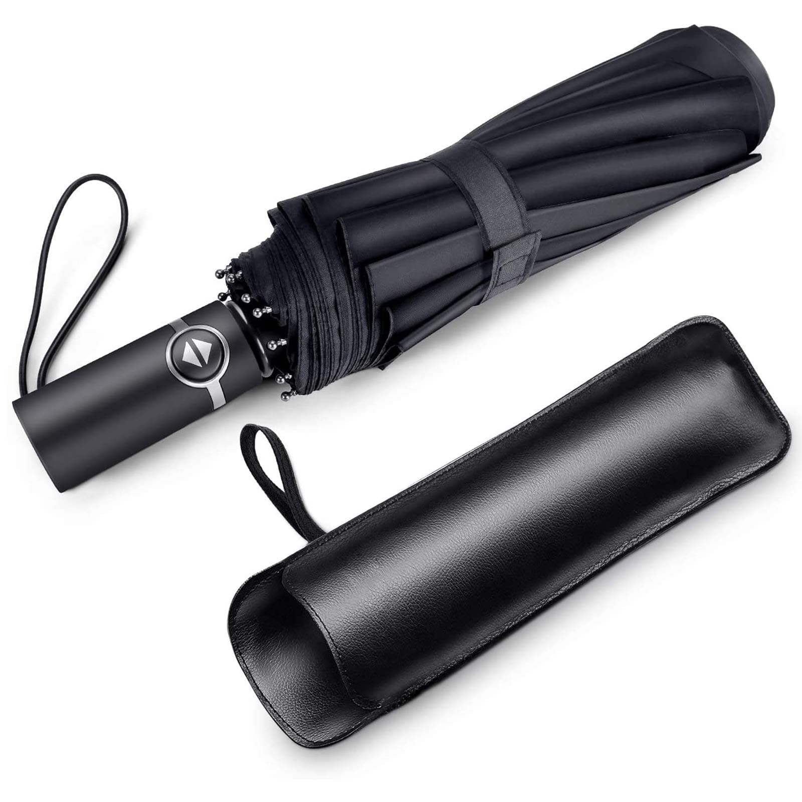 Windproof Umbrella Compact, 10 Ribs Automatic Open/Close Large Umbrella, Fast Drying Waterproof Reinforced Frame Travel Umbrella with Leather Protective Sleeve