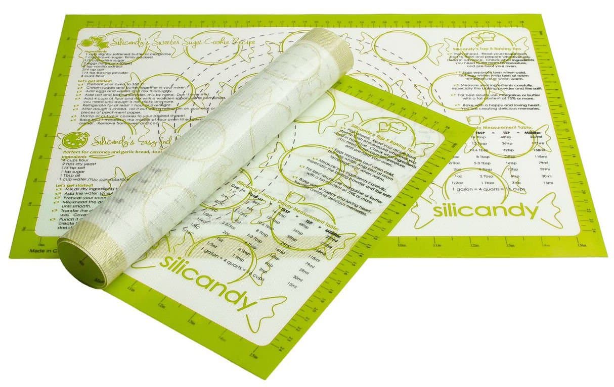 NonStick Silicone Baking Mats - 2 pc Set - Silicandy Rectangular Mats with Fiberglass are Great for Cooking with Kids - Kitchen Tool Includes Measurements, Recipes & More Printed Directly on Mat! [Green] by Silicandy
