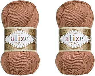 AlizeDiva Yarn Hand Knitting Yarn 100% Microfiber Acrylic Yarn Alize Diva Silk Effect Thread Crochet Art Lace Craft Lot of 2 skeins 200gr 767 yds (261-Red Brown)