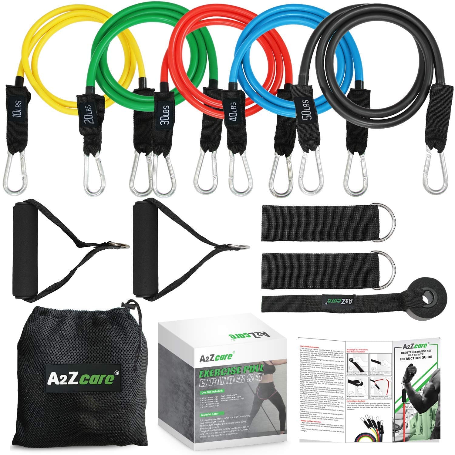 A2ZCARE Resistance Bands Set - Include 5 Stackable Exercise Bands, Premium Door Anchor, Legs Ankle Strap, Exercise Foam Handle | Carry Bag & Instruction Guideline Workout