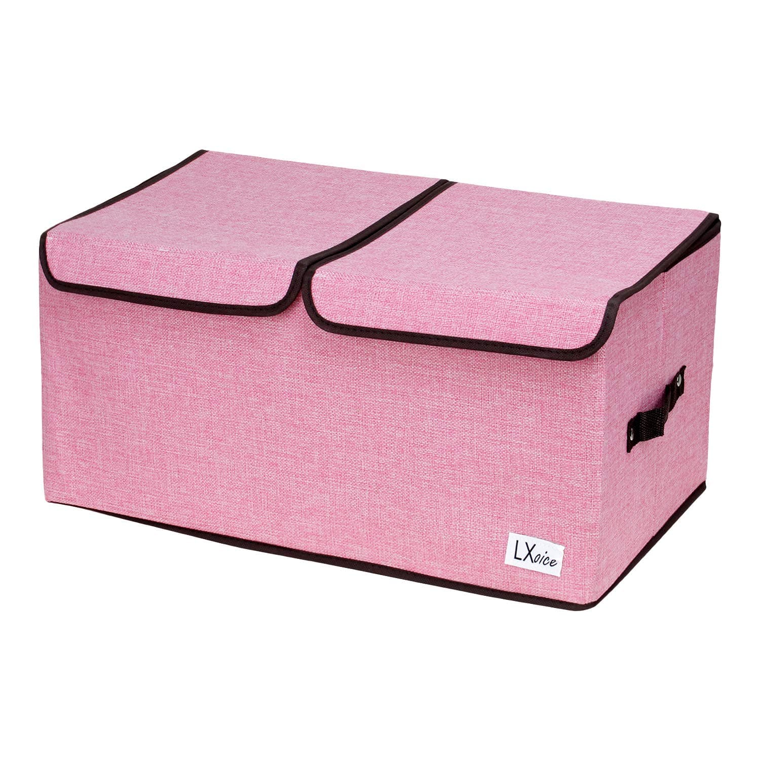 LXOICE Linen Fabric Rectangular Foldable Cloth Storage Boxes with Lid, Handles, Removable Divider (Pink, 45 x 30 x 25 cm)
