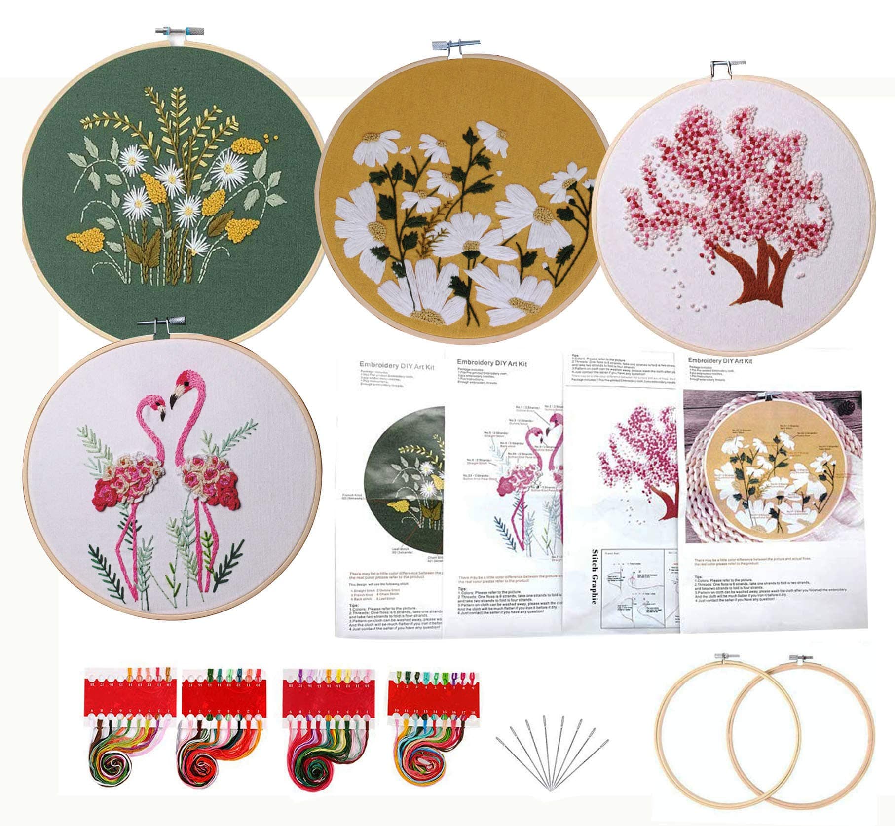 kakeah 4 Sets Embroidery Starter Kit with Pattern and Instructions, Cross Stitch Kit Include 4 Embroidery Clothes with Floral Pattern, 2 Plastic Embroidery Hoops, Tools and Color Threads