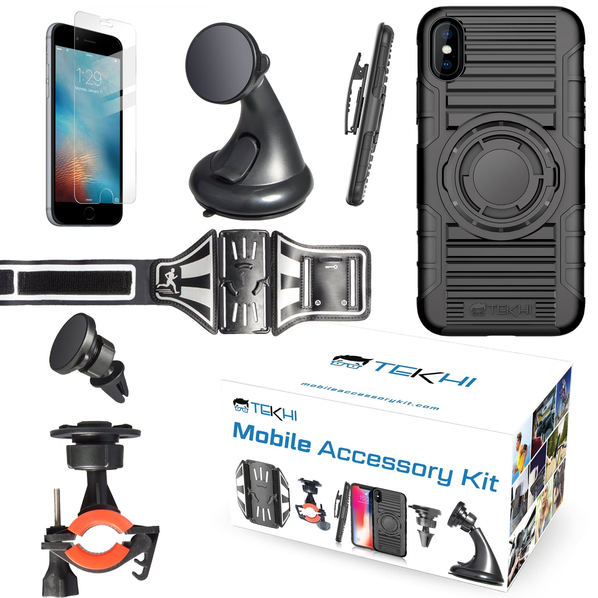 iPhone 8 Plus Bundle Accessory Combo Set Kit - Includes: Silicone Protective Case + Bike Mount + Running Armband + Car Magnetic Air Vent Mount + Car Windshield Holder+ Screen Protector + Clip Holster