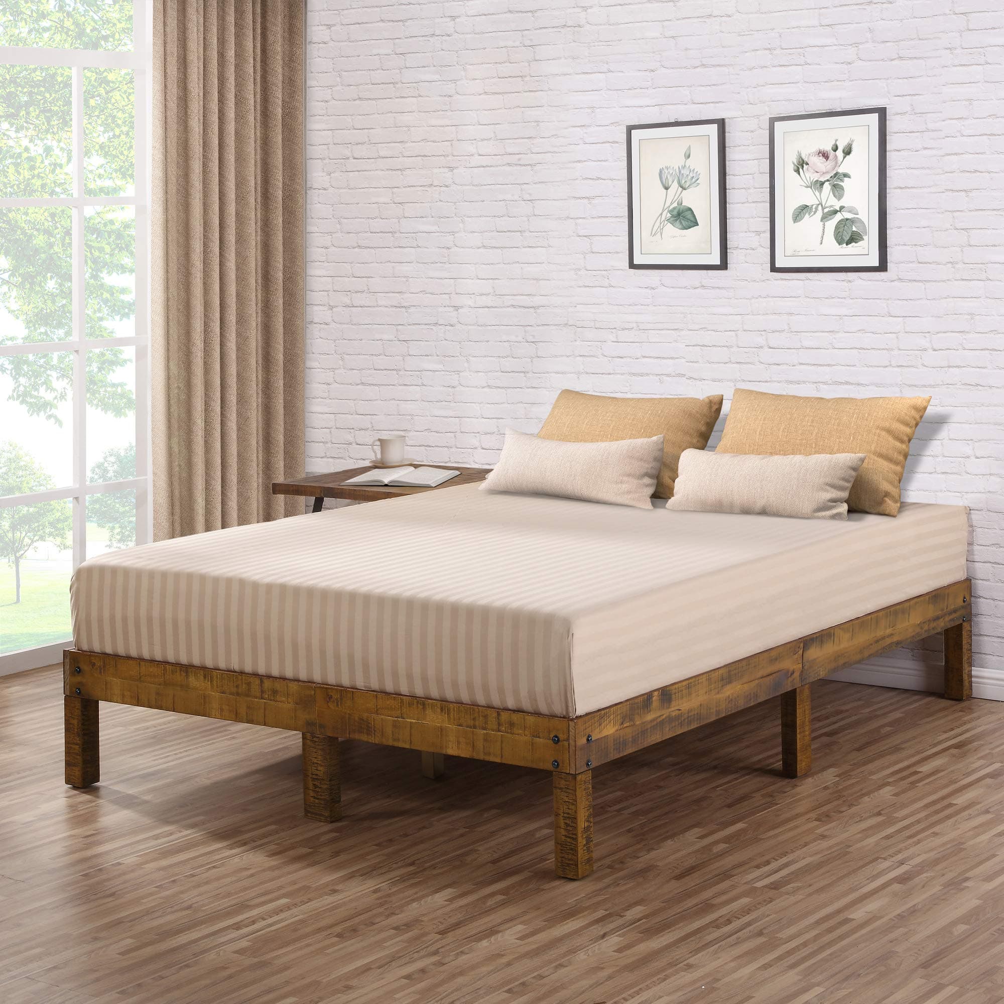 Ecos Living 14 Inch High Rustic Solid Wood Platform Bed with Natural Finish/No Box Spring/No Squeak, Brown/Without Headboard, King