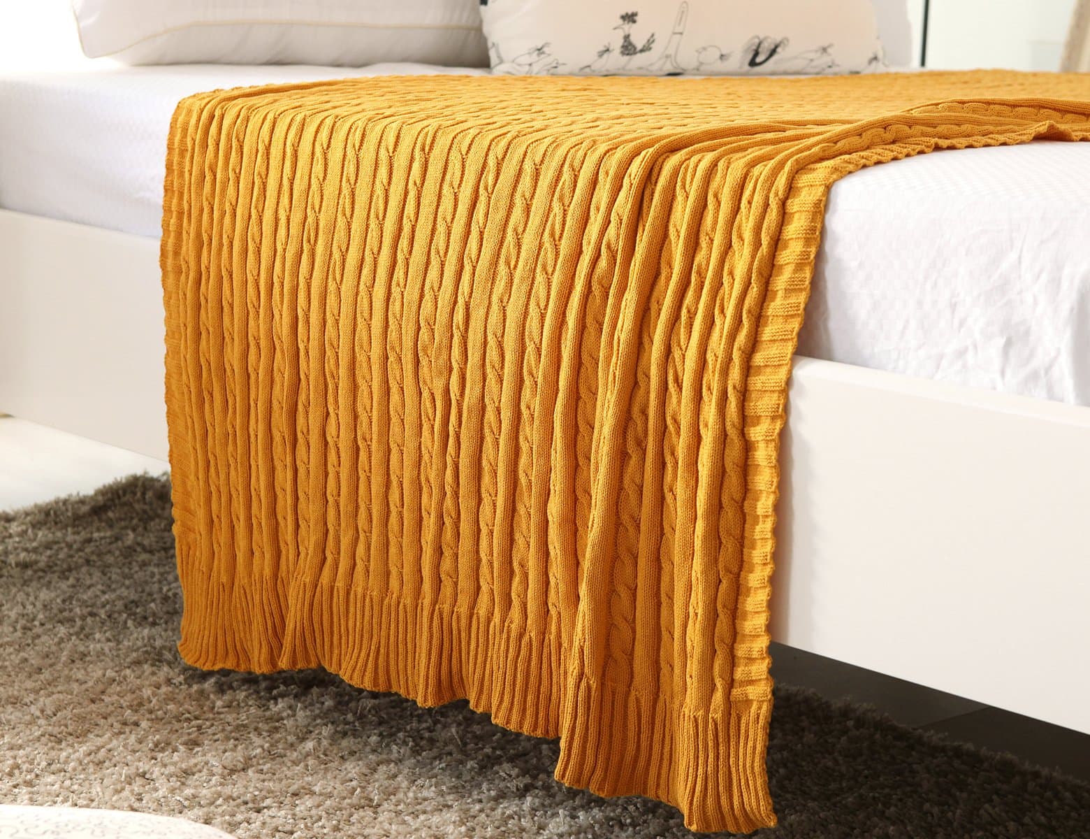 100% All Cotton Knit Throw for Sofa Classic Cable Pattern, 43x70 Inches, Lightweight Ideal for All Year Round Use, Royal Yellow