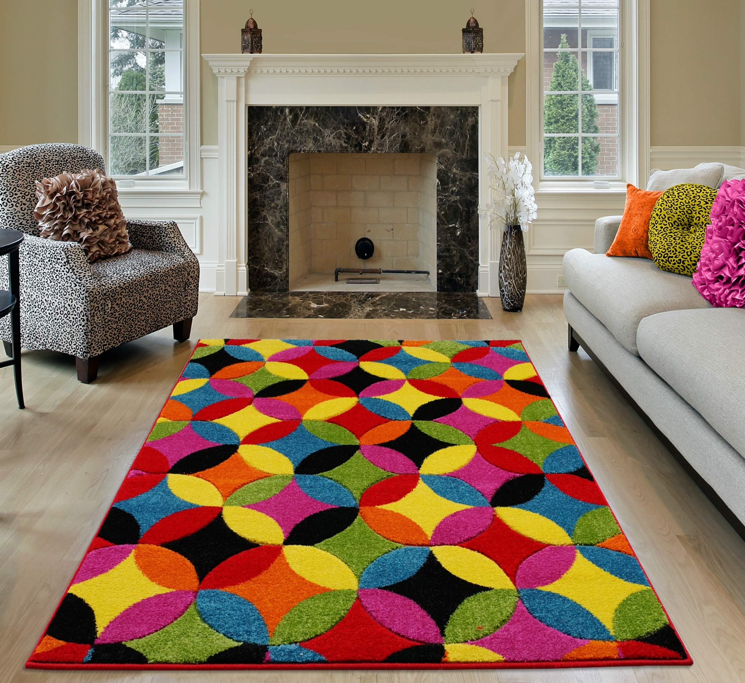 SSP Multicolour Rectangular Polypropylene Rug, Fluffy Thick Plush Carpet, Soft Shaggy Area Rug, Multi - Circles Bright, 80 x 150 cm