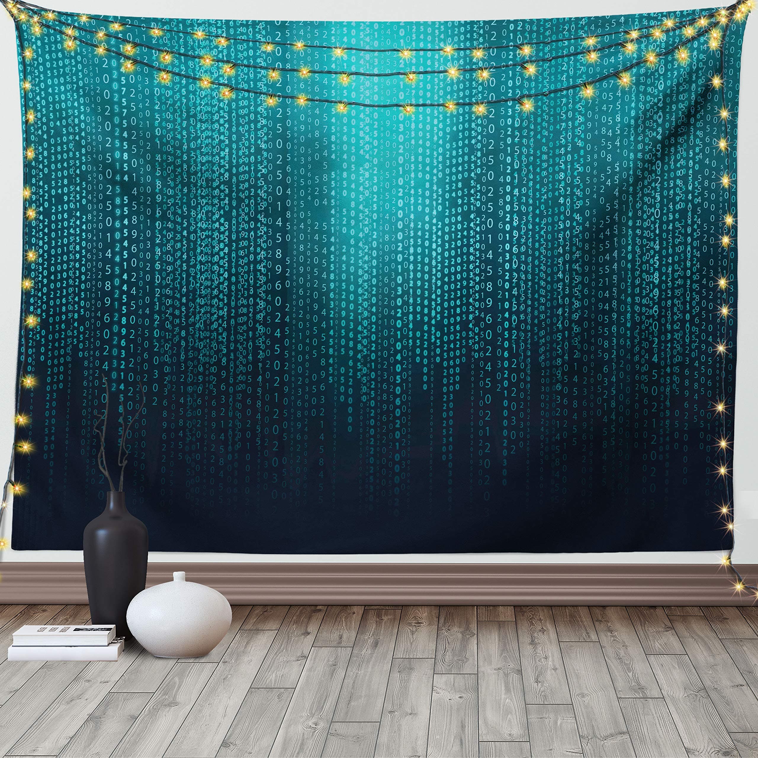 Lunarable Digital Tapestry King Size, Web Computer Programmer Futuristic Matrix Display with Algorithms Code Image, Wall Hanging Bedspread Bed Cover Wall Decor, 104" X 88", Petrol Blue